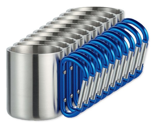 Pack of 10 GiftRetail MO8313 - TRUMBO Lightweight Stainless Steel Mug with Carabiner Handle