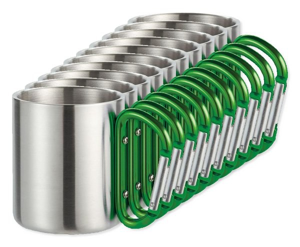 Pack of 10 GiftRetail MO8313 - TRUMBO Lightweight Stainless Steel Mug with Carabiner Handle