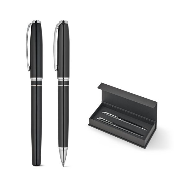 Premium set comprising 1 ballpoint pen and 1 rollerball pen in copper and stainless steel, with blue ink
